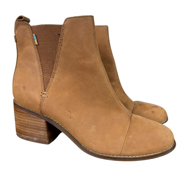 Toms Esme Leather Chelsea Tan Brown Leather Nubuck Boots Chunky Heel Womens 9 - Picture 1 of 16